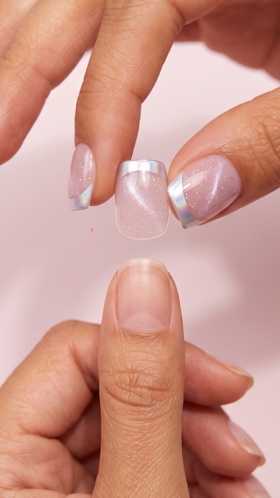 Fingers holding an extra short press-on nail just above a bare natural nail, ready to press it down.
