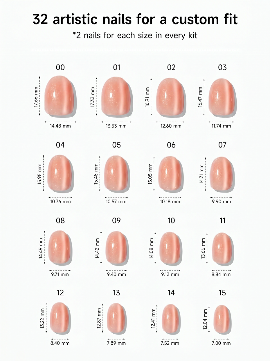 Extra Short Oval size chart · 16 sizes with width and length in mm